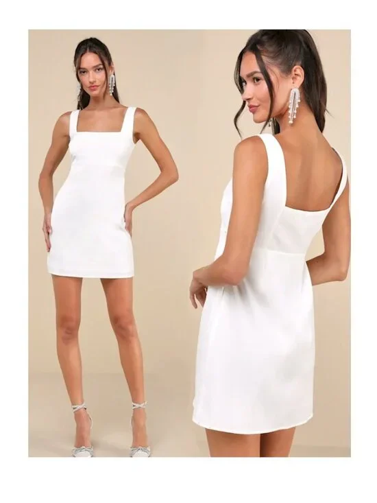 Lulus Flawed Truly the Cutest White Satin Square Neck Mini Dress Stain on back - Picture 1 of 10
